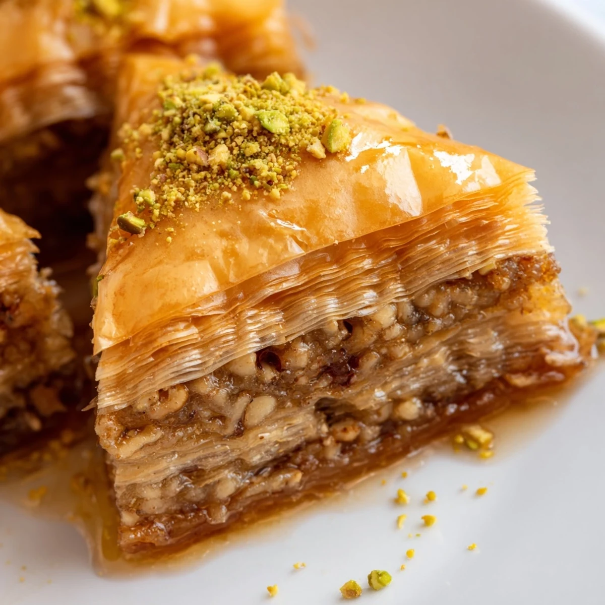 Golden Bosnian baklava diamond cuts glistening with sweet syrup on a rustic serving plate