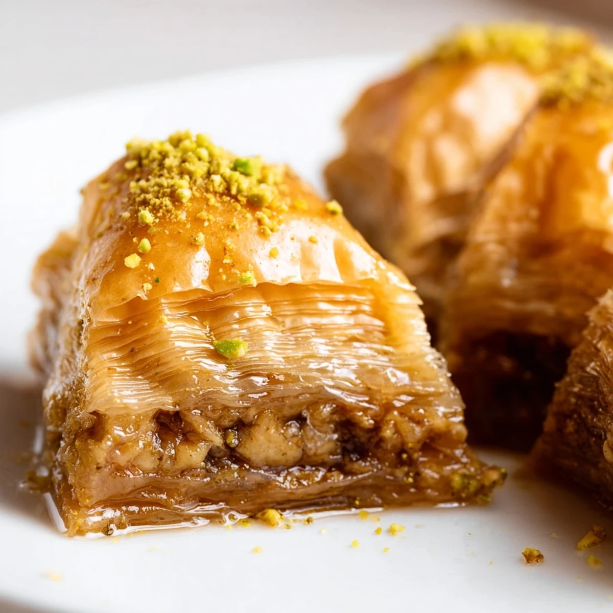 Bosnian baklava with crisp phyllo layers and spiced walnut filling drizzled in honey syrup