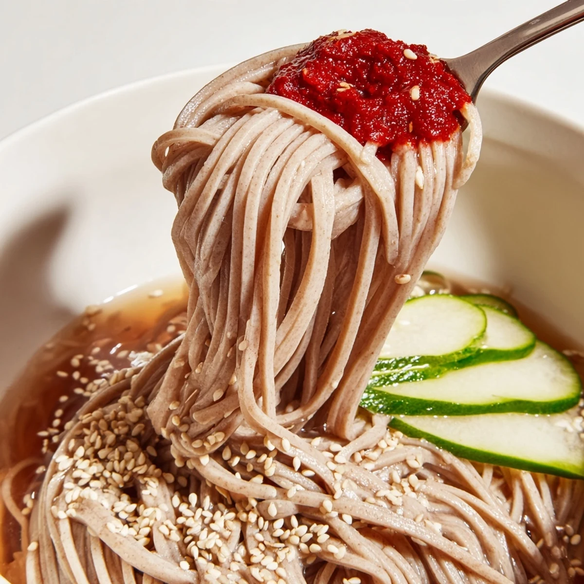 Chewy Korean naengmyeon noodles in chilled tangy broth topped with sliced beef and egg