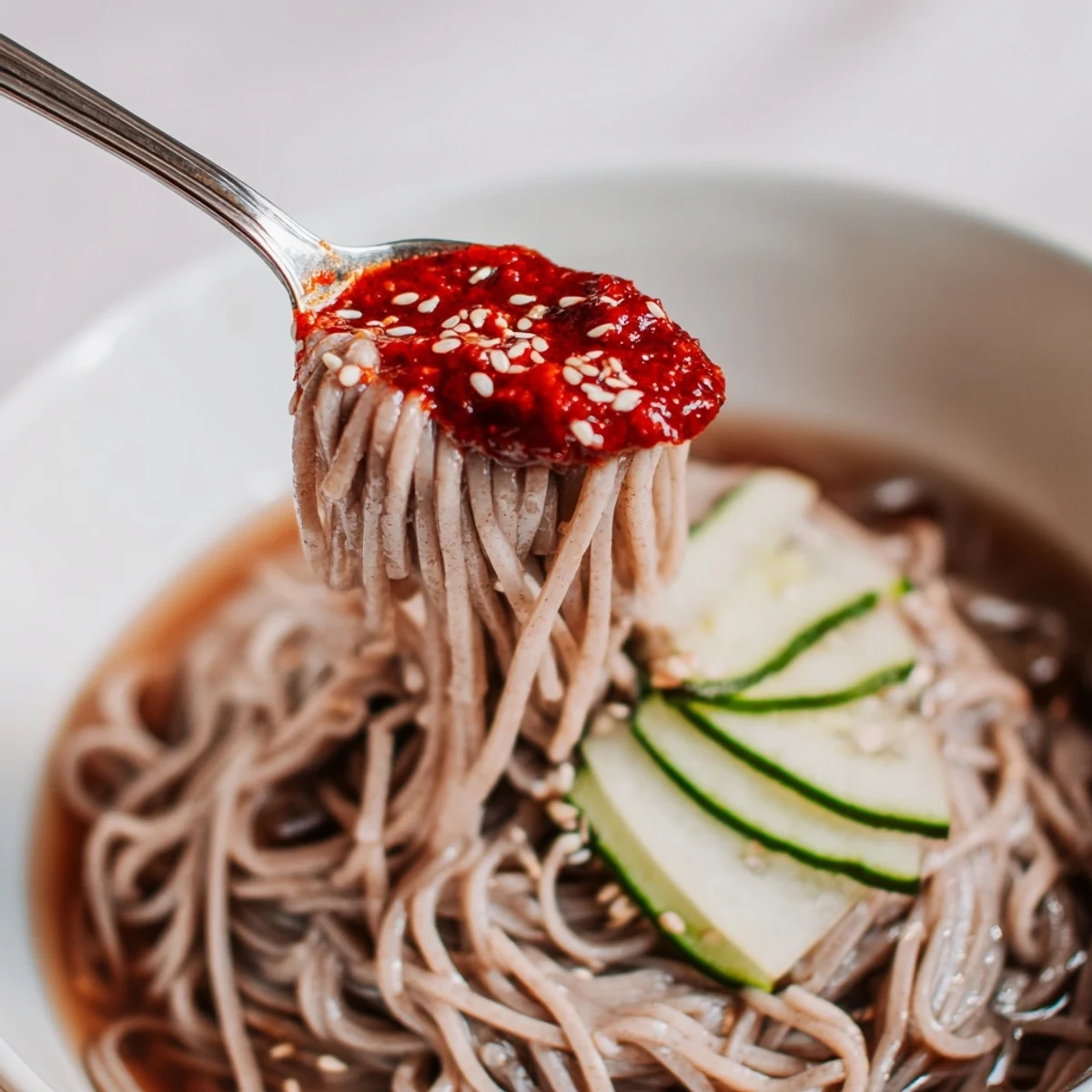 Cold Korean naengmyeon soup served with crisp cucumber, Asian pear, and ice cubes