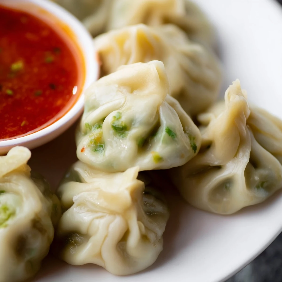 Golden Nepali momo dumplings served with vibrant red tomato sesame dipping sauce