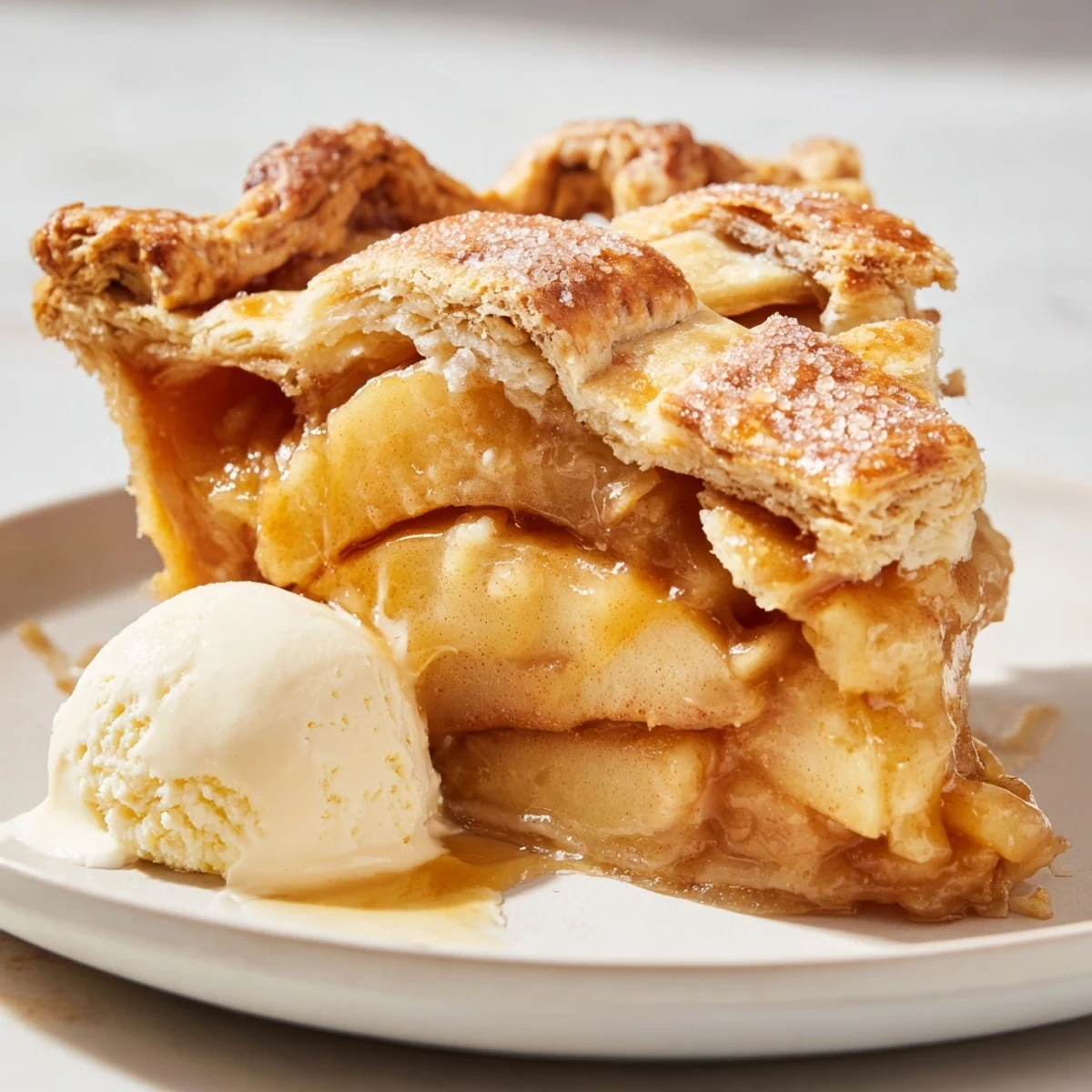 Golden homemade apple pie with flaky crust and cinnamon spiced filling on vintage plate