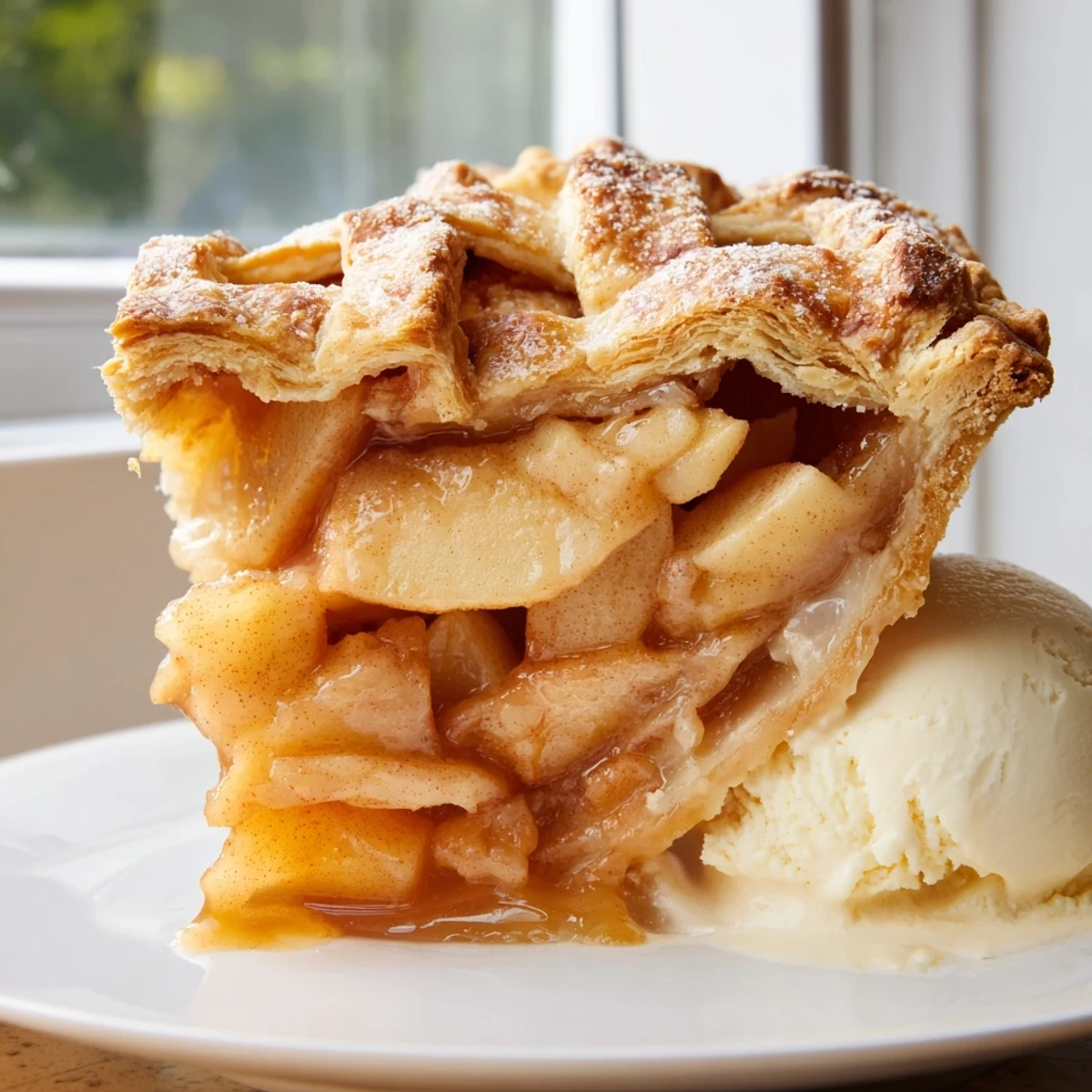 Warm apple pie slice with tender apples and buttery crust served with ice cream