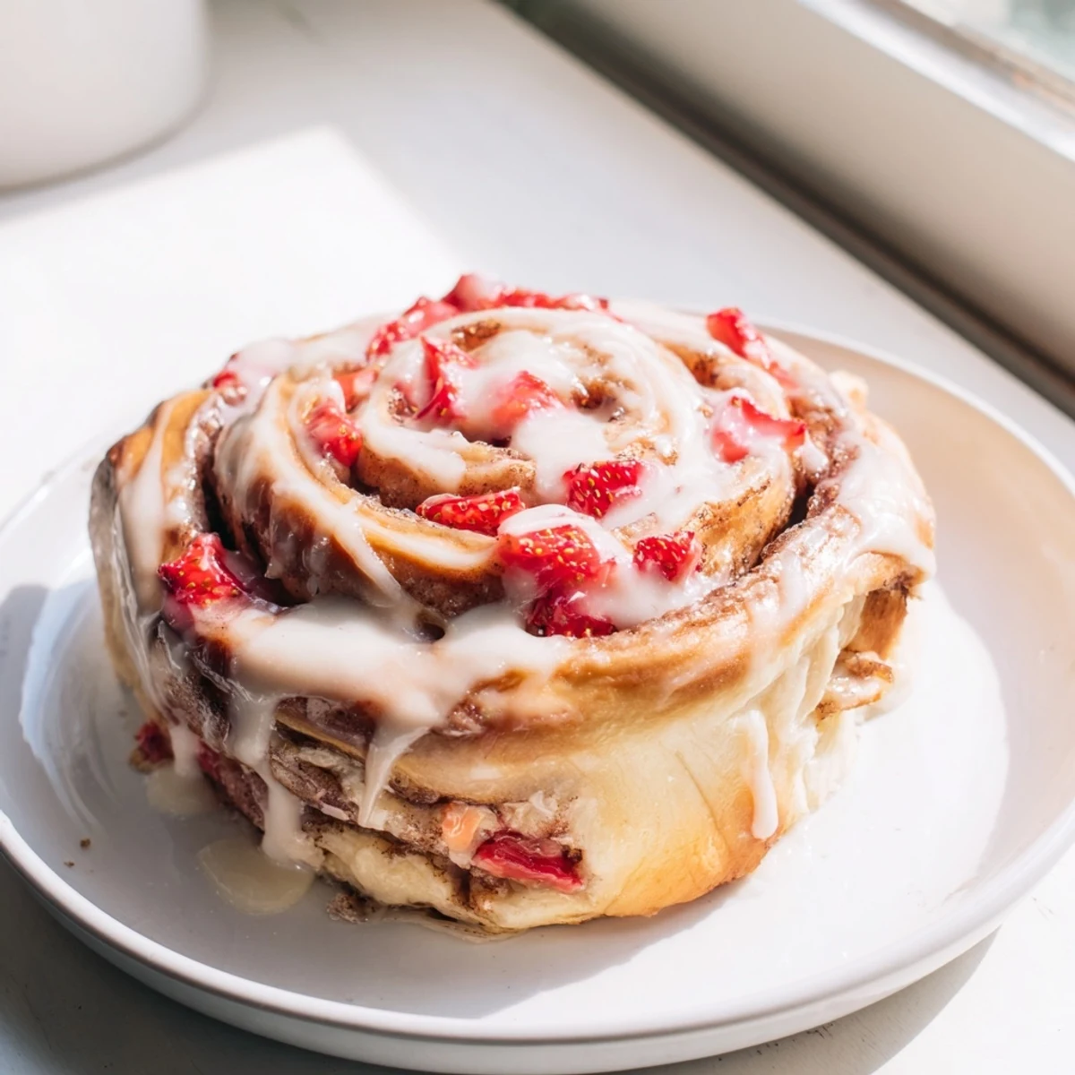 Golden strawberry cheesecake Cinnabon rolls drizzled with creamy vanilla glaze on a white plate