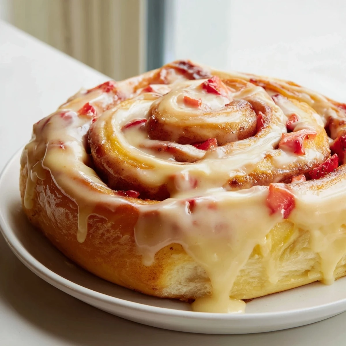 Fluffy strawberry cheesecake Cinnabon rolls swirled with cinnamon and topped with sweet glazed strawberries