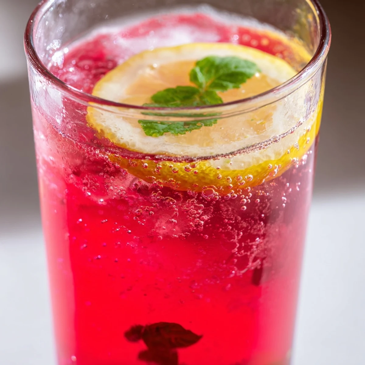 Honey lemon pink soda in ice-filled glasses garnished with fresh mint and lemon slices