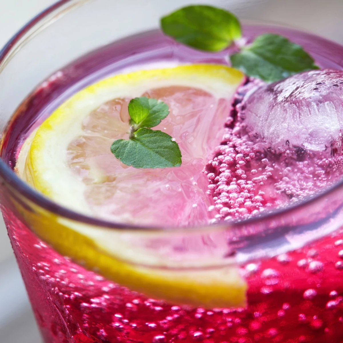 Sparkling honey lemon pink soda with cranberry juice served over ice on a sunny patio