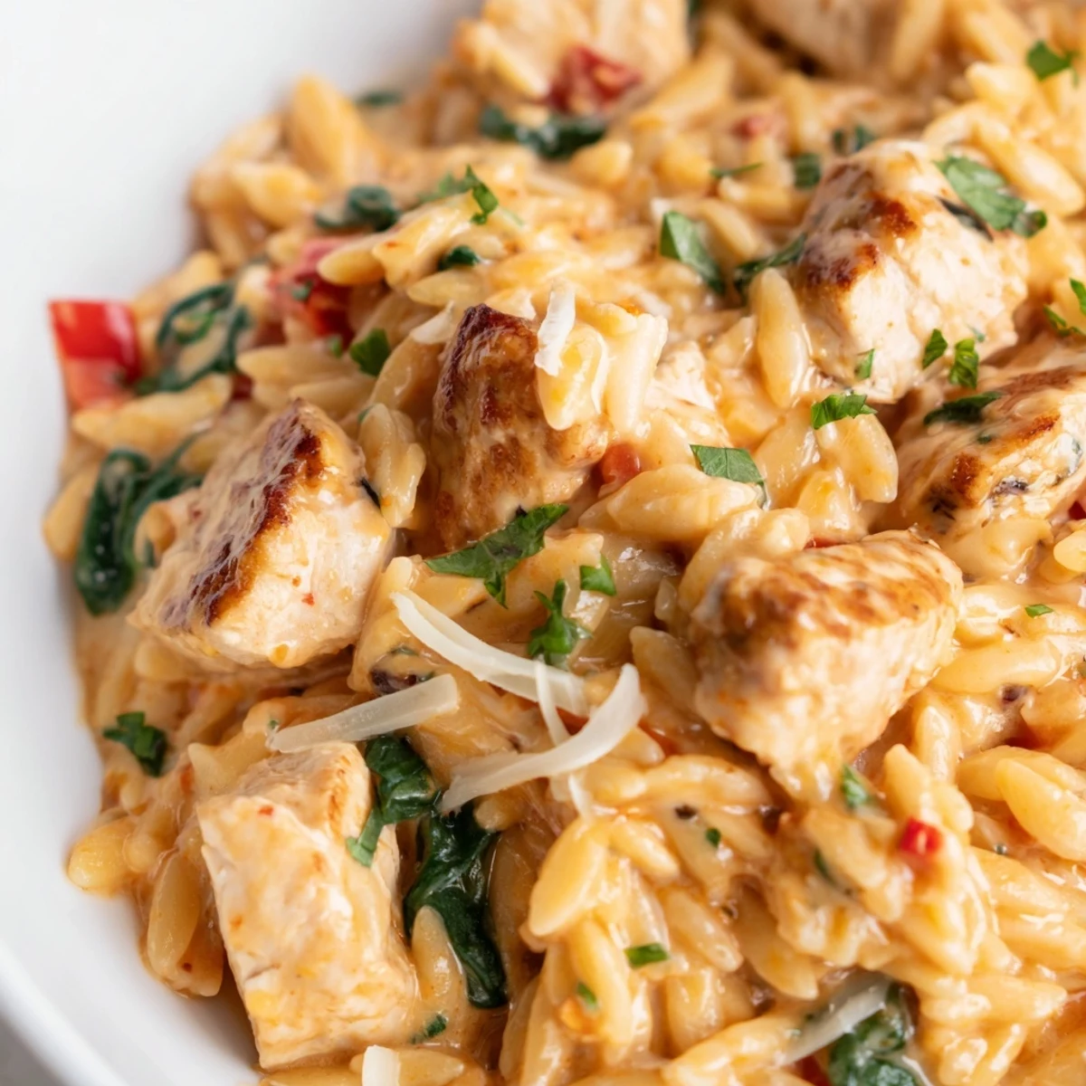Creamy Cajun chicken Alfredo orzo served steaming in a rustic cast iron skillet