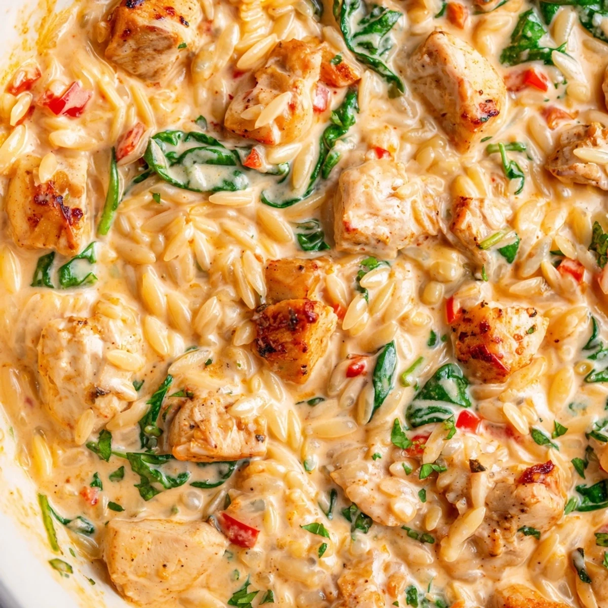 One pot Cajun chicken Alfredo orzo topped with fresh parsley and Parmesan