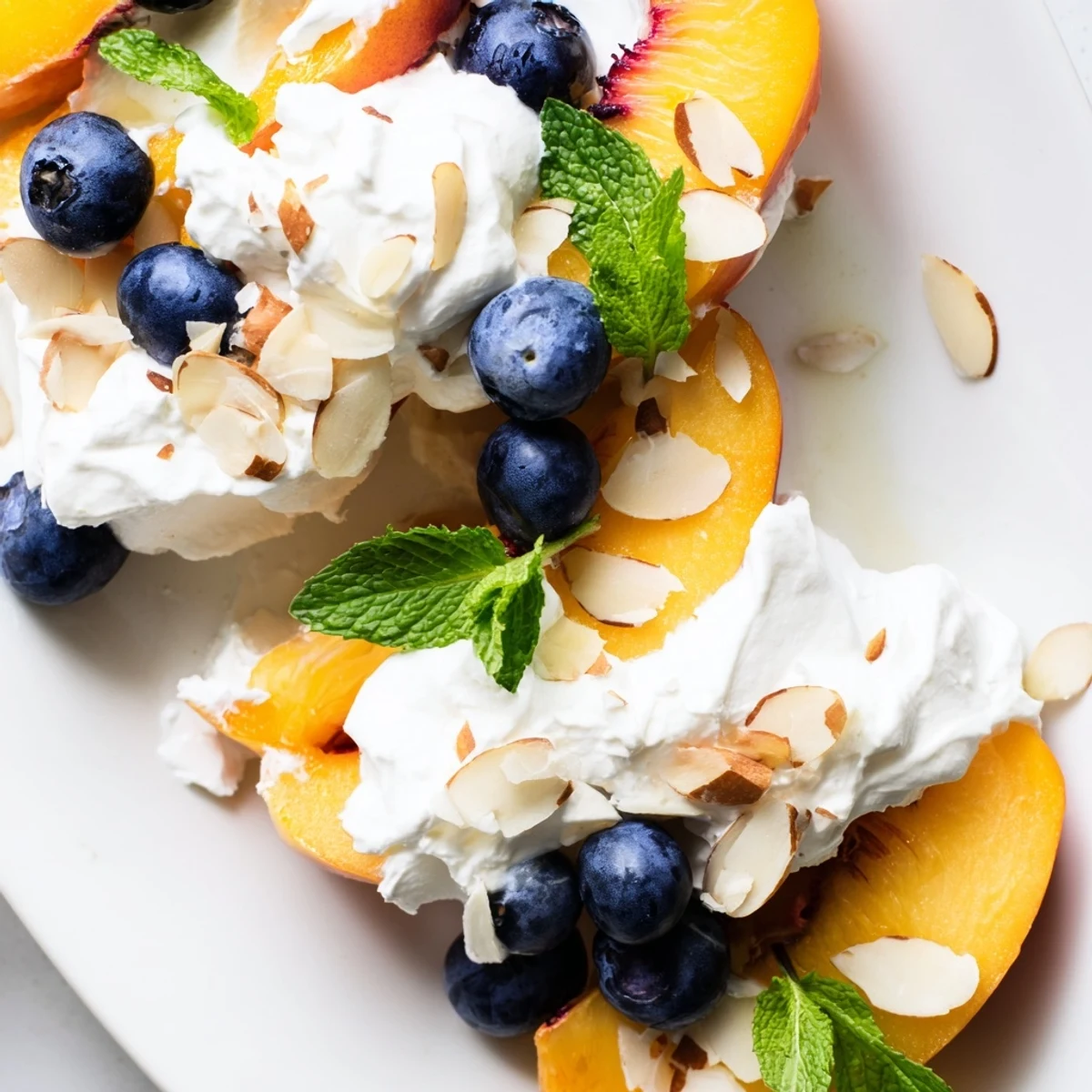 Creamy peaches and cream salad topped with fresh mint leaves in a glass bowl