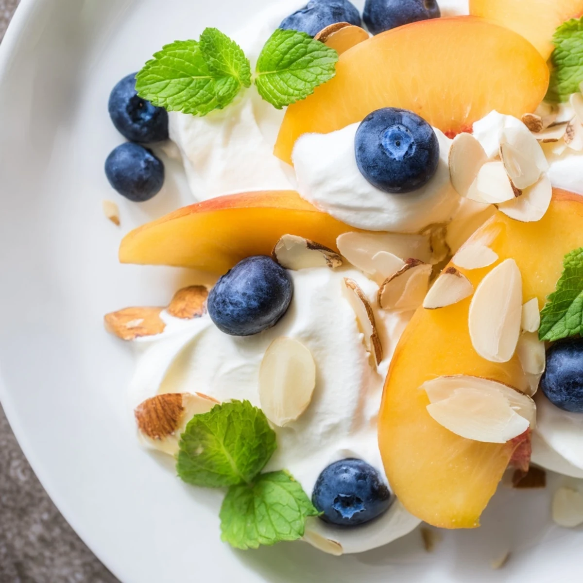 Sliced ripe peaches layered with fluffy whipped cream and blueberries for summer dessert