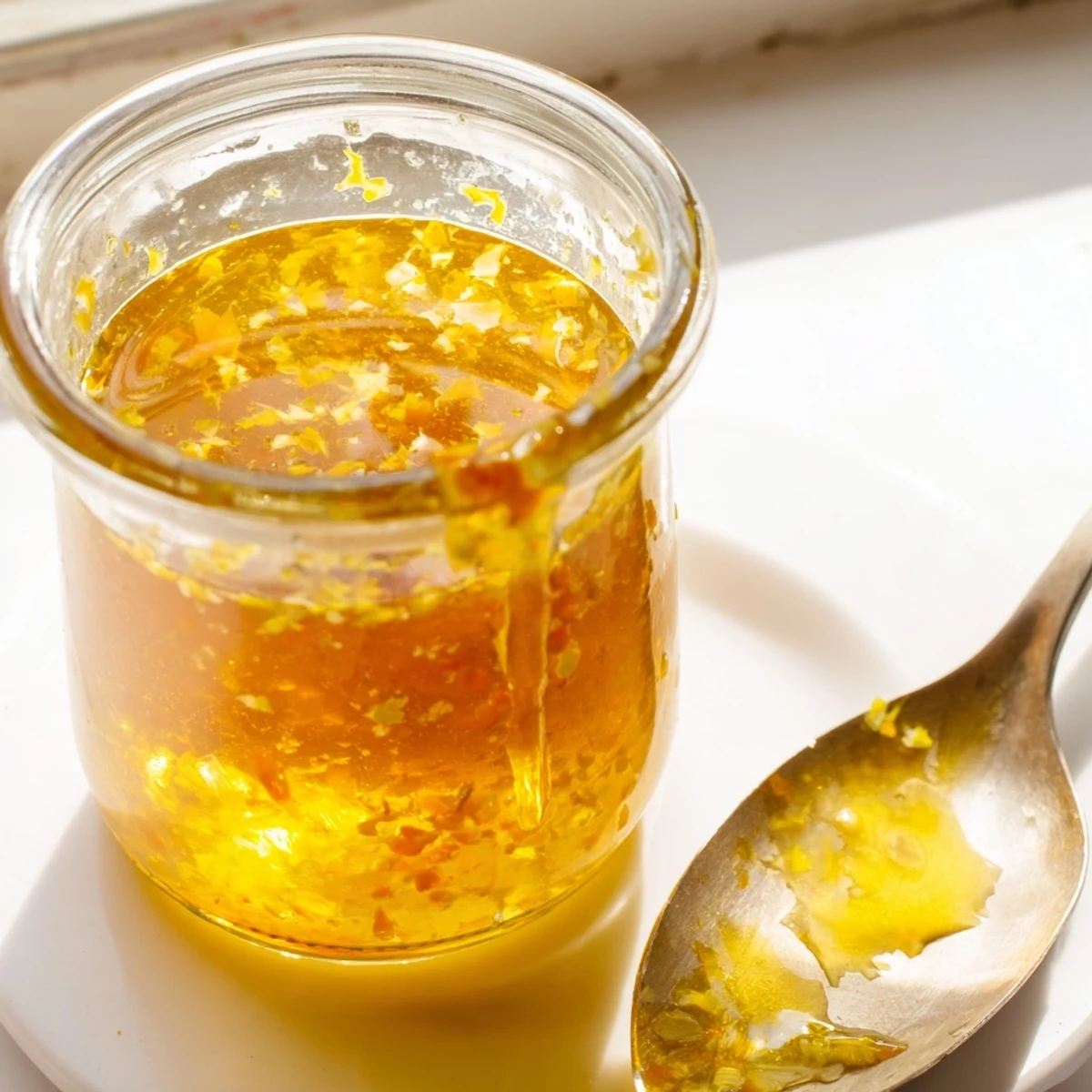 Tangy citrus vinaigrette whisked to silky perfection in a clear glass measuring cup