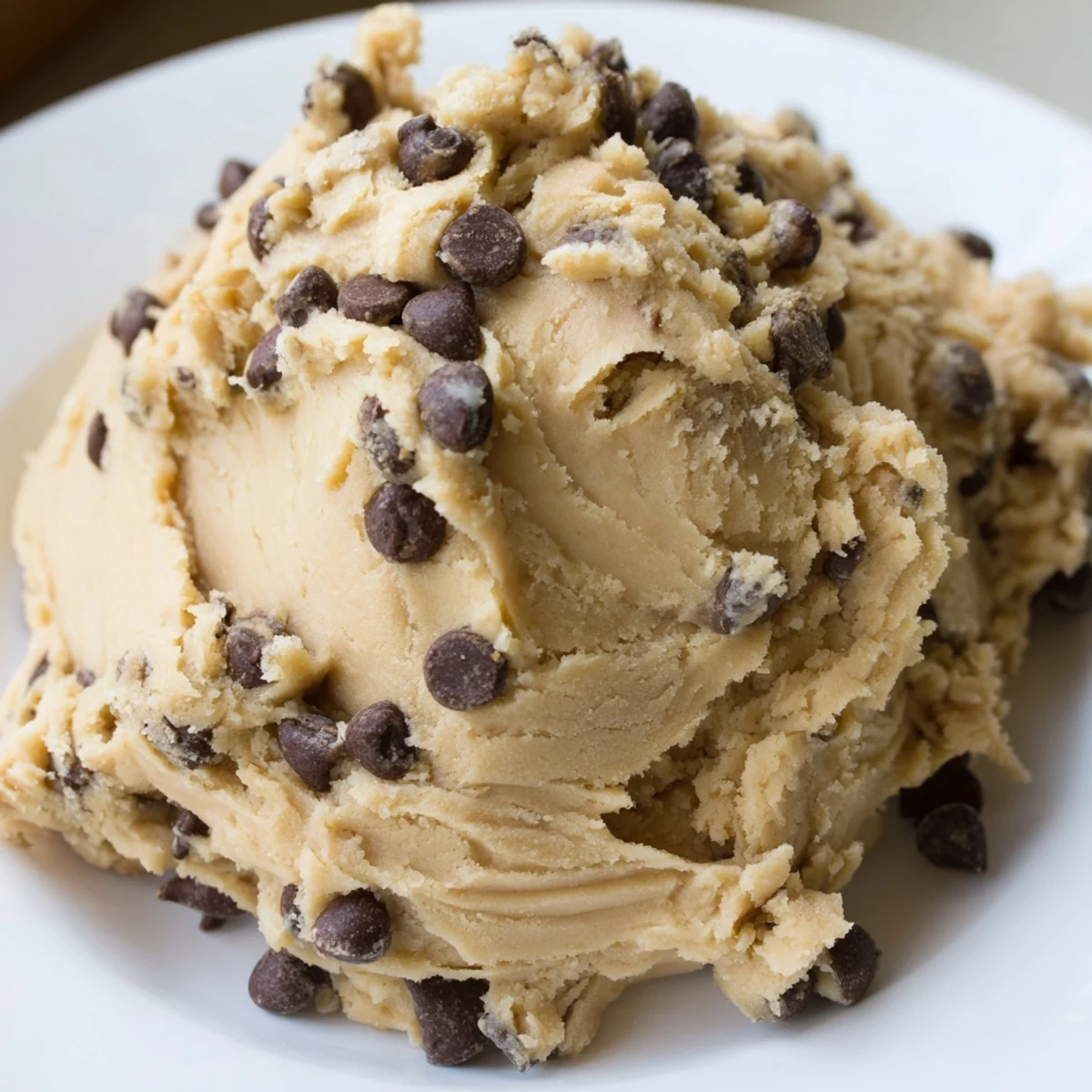 Creamy chocolate chip cookie dough scooped into bite-sized balls with visible chocolate chips scattered throughout
