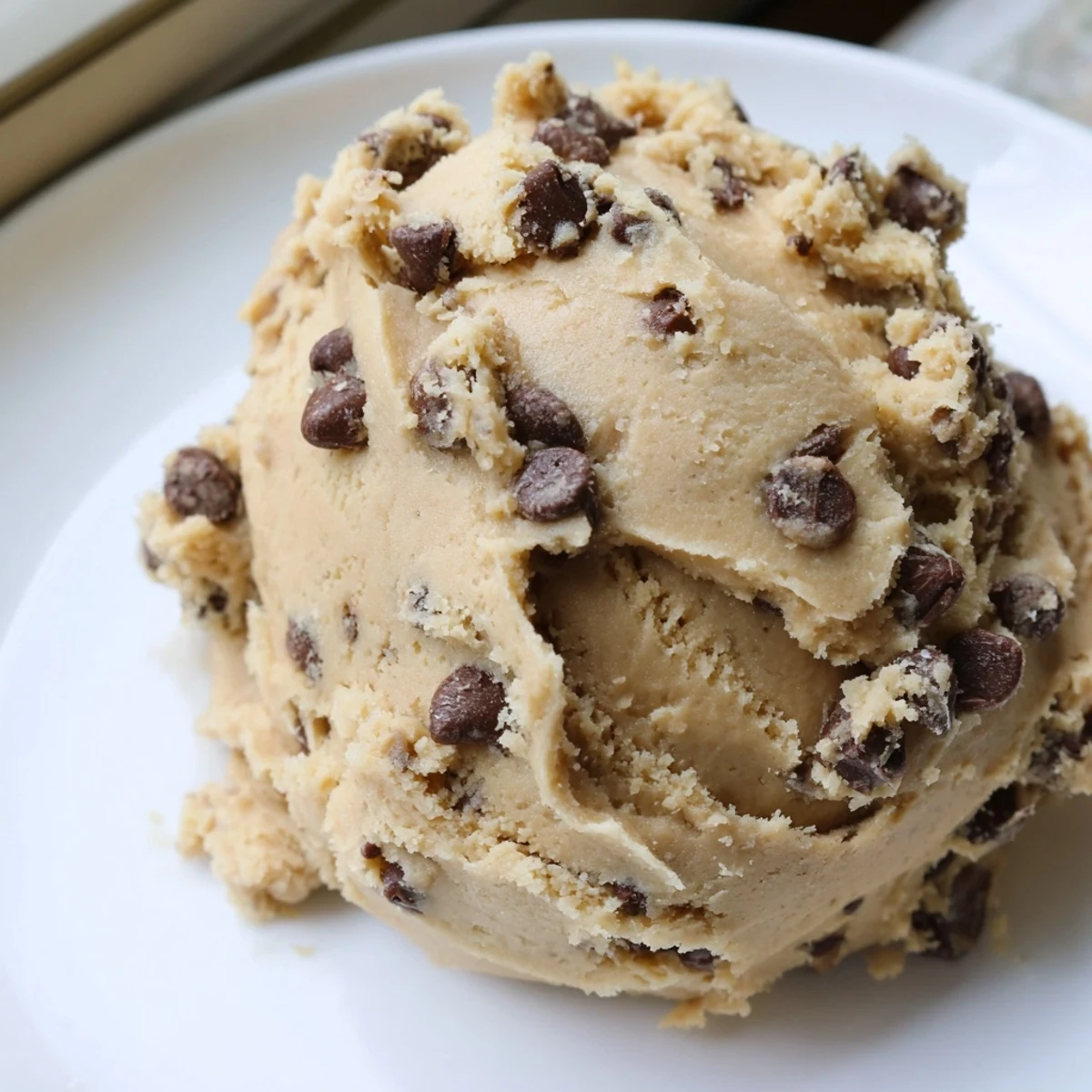 Warm edible chocolate chip cookie dough in a rustic bowl topped with scattered chocolate chips