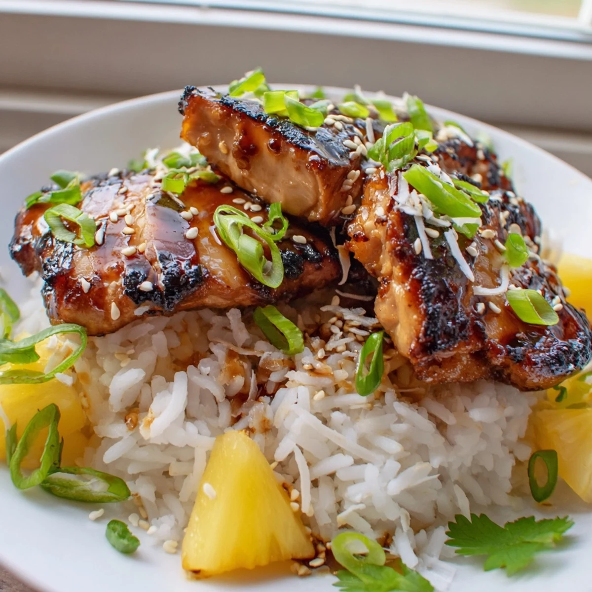 Glazed Hawaiian Chicken Coconut Rice topped with fresh pineapple and cilantro on a plate