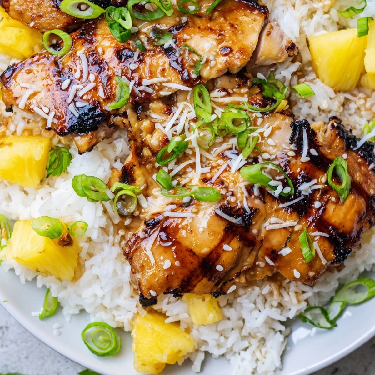 Creamy coconut rice layered with caramelized Hawaiian Chicken and juicy pineapple chunks