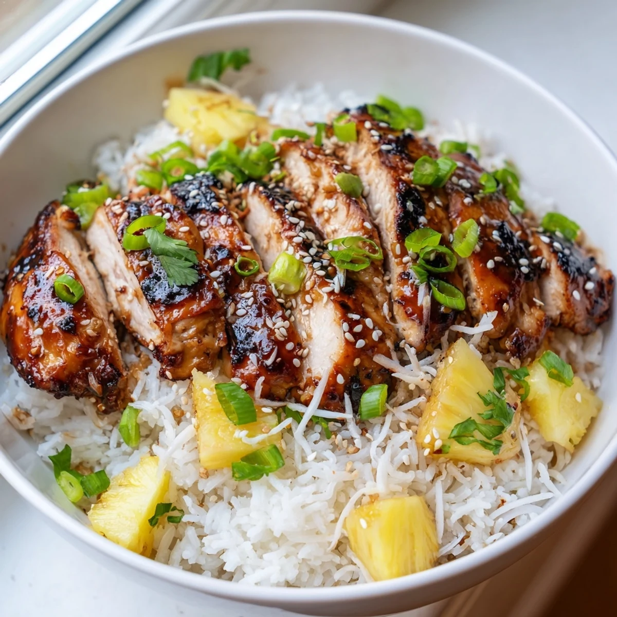 Grilled Hawaiian Chicken Coconut Rice garnished with green onions and toasted sesame seeds