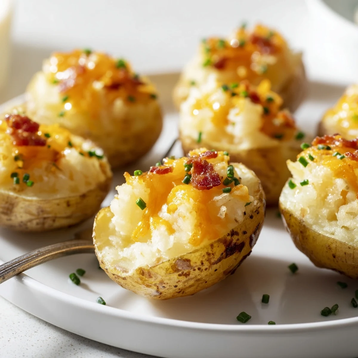 Golden Irish Potato Bites topped with chives and melted cheddar on a rustic baking sheet