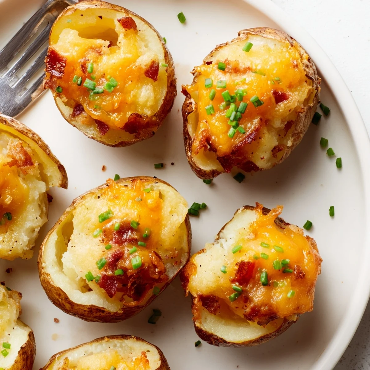 Irish Potato Bites arranged on a platter with gooey cheddar centers and fresh chive garnish