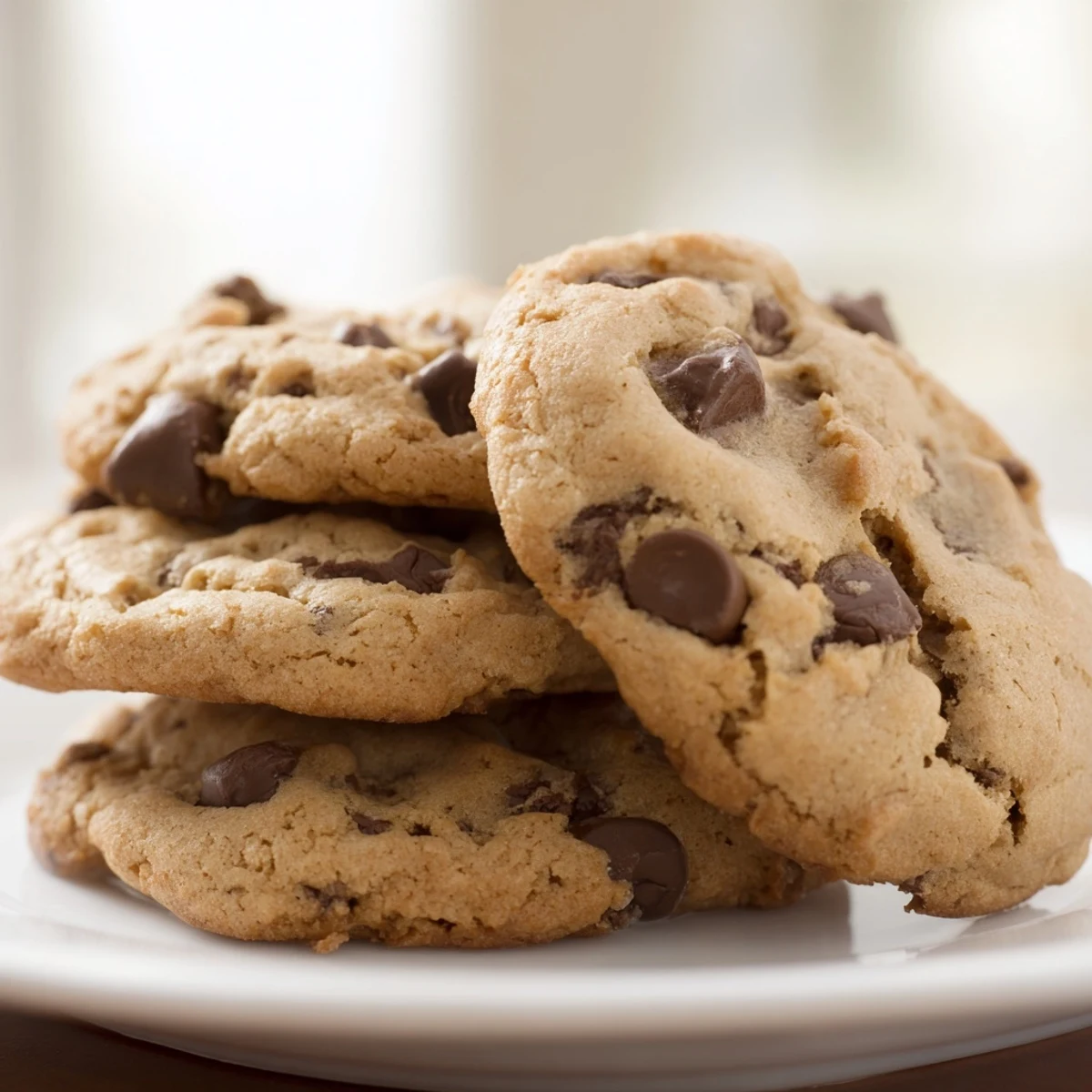 Soft nut free chocolate chip cookies with golden edges stacked on a cooling rack