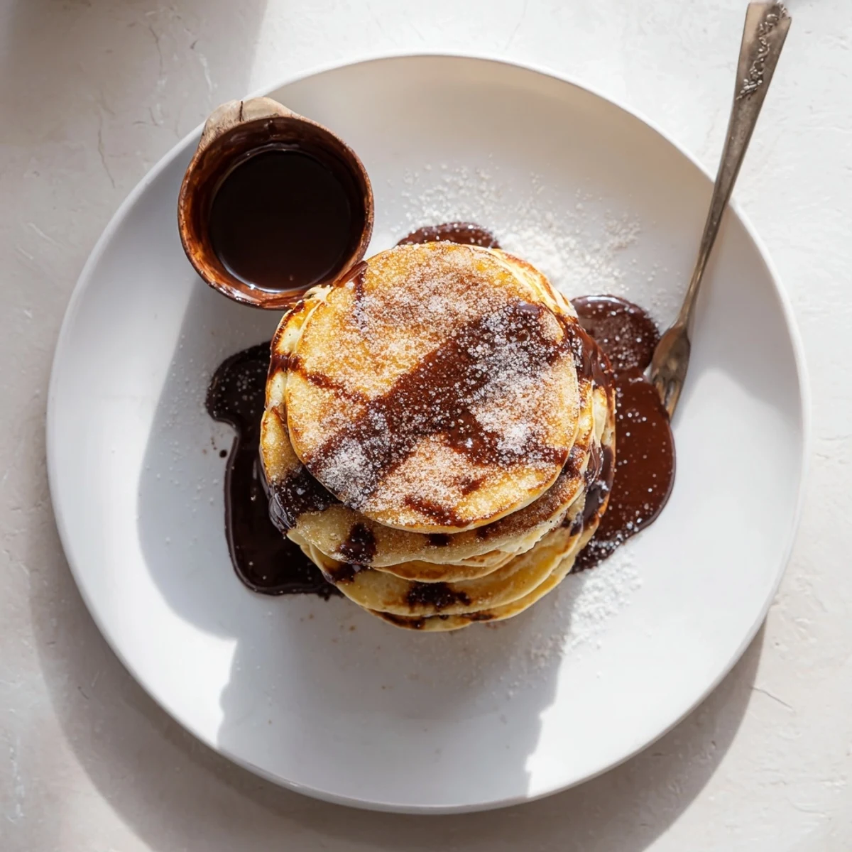 Golden fluffy Spanish Churro Pancakes coated in cinnamon sugar ready for decadent breakfast serving