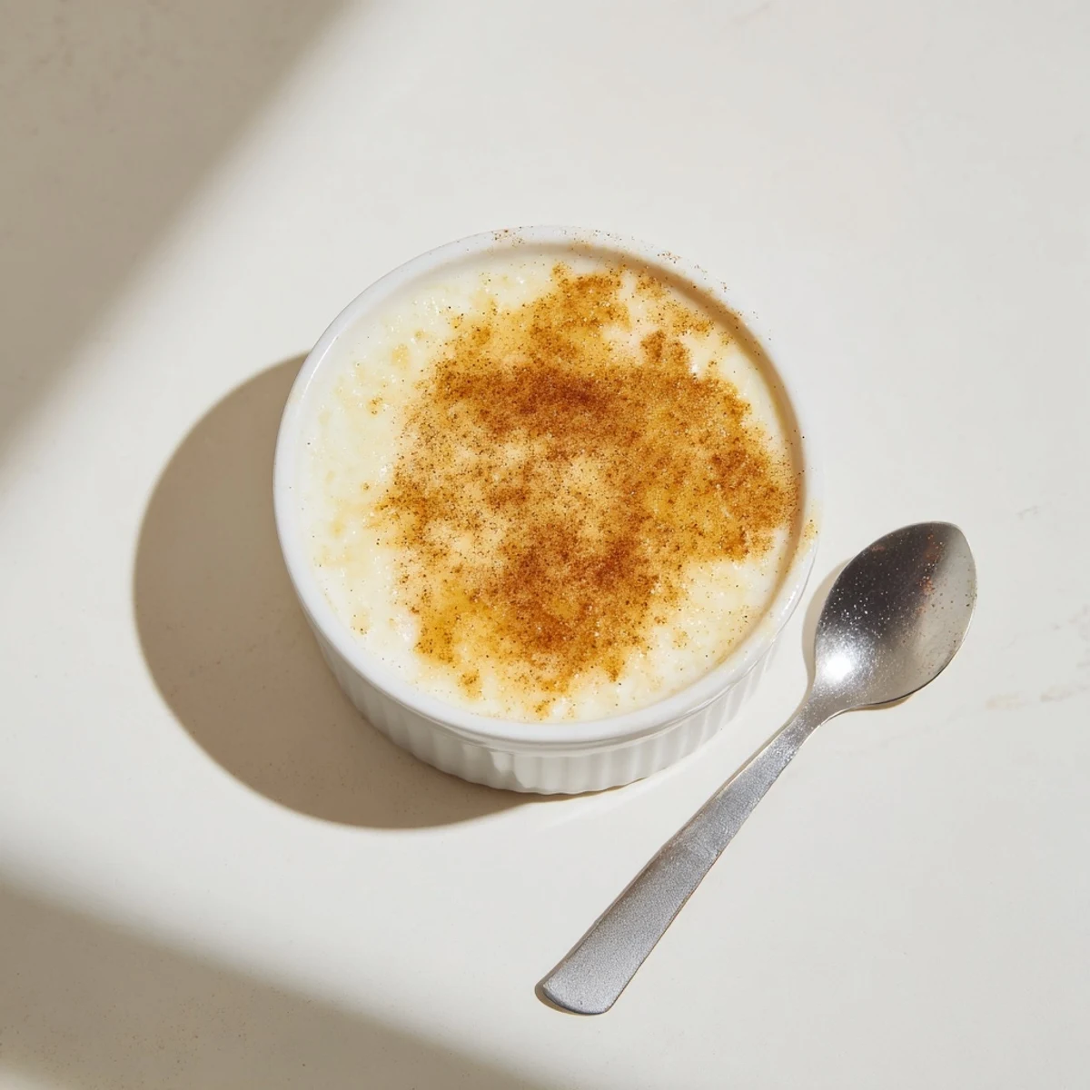 Creamy Portuguese rice custard in white ramekins with a speckled golden cinnamon-sugar topping