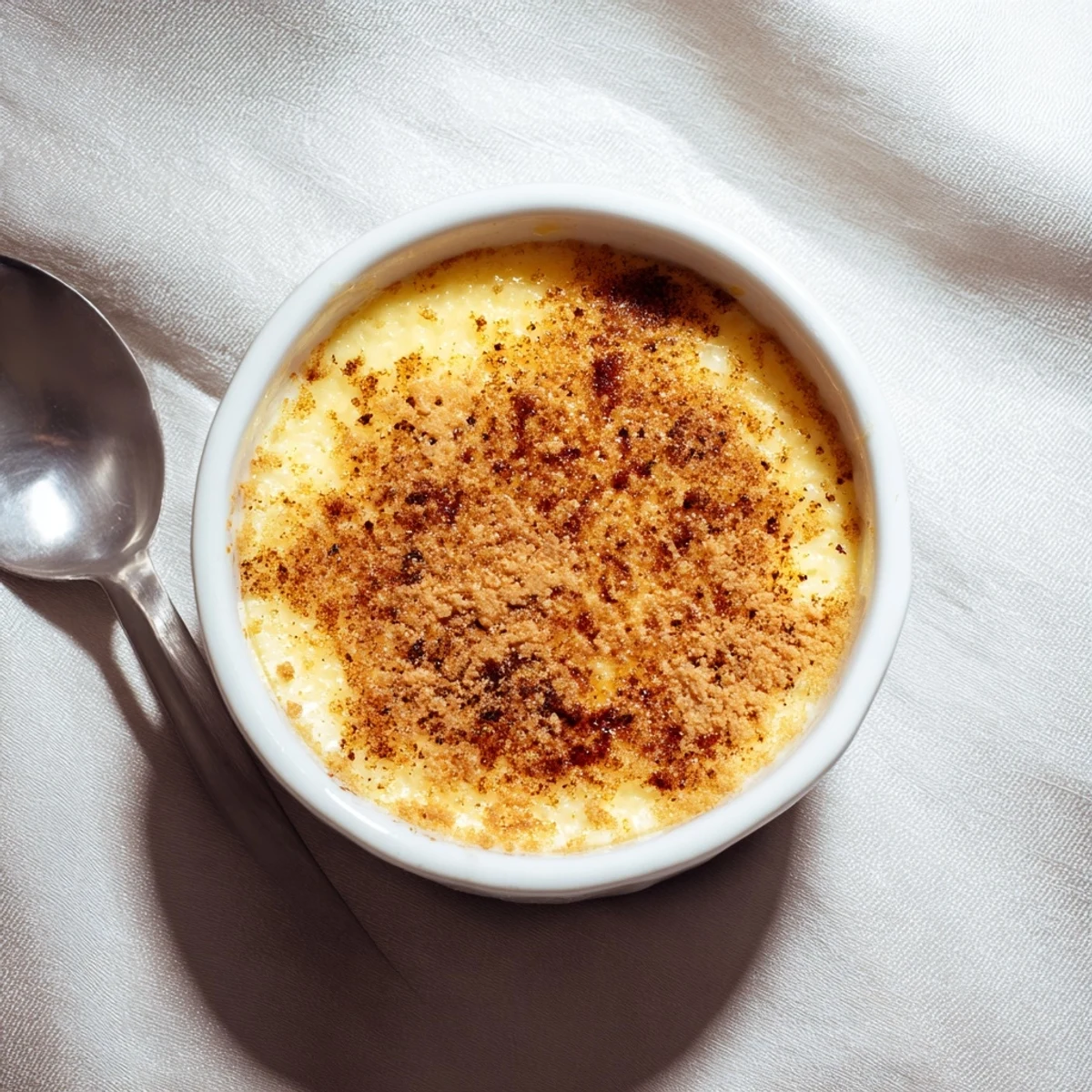 Silky Portuguese rice custard with golden caramelized cinnamon crust served in rustic ceramic bowls