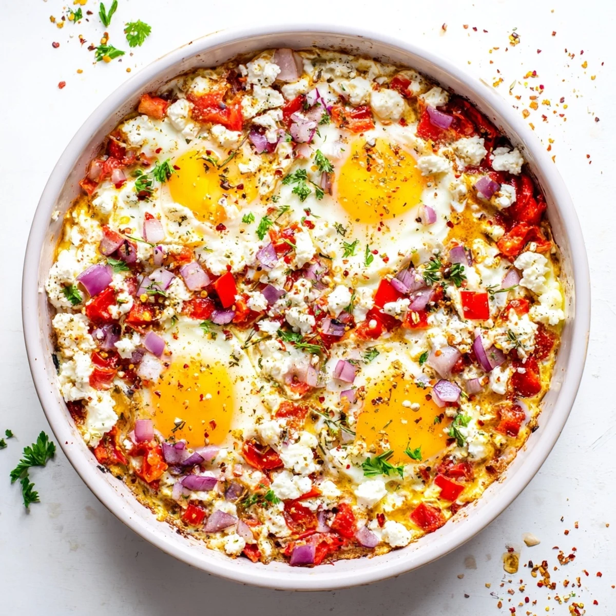Golden baked feta eggs with runny yolks nestled in creamy cheese and roasted vegetables