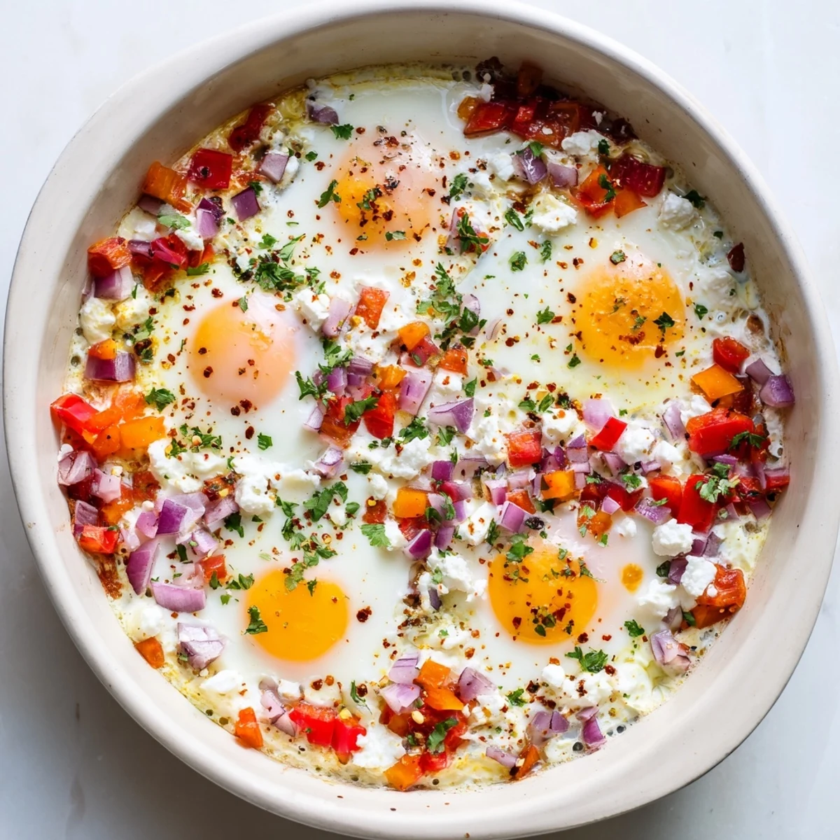 Creamy baked feta eggs topped with fresh parsley and red pepper flakes in skillet