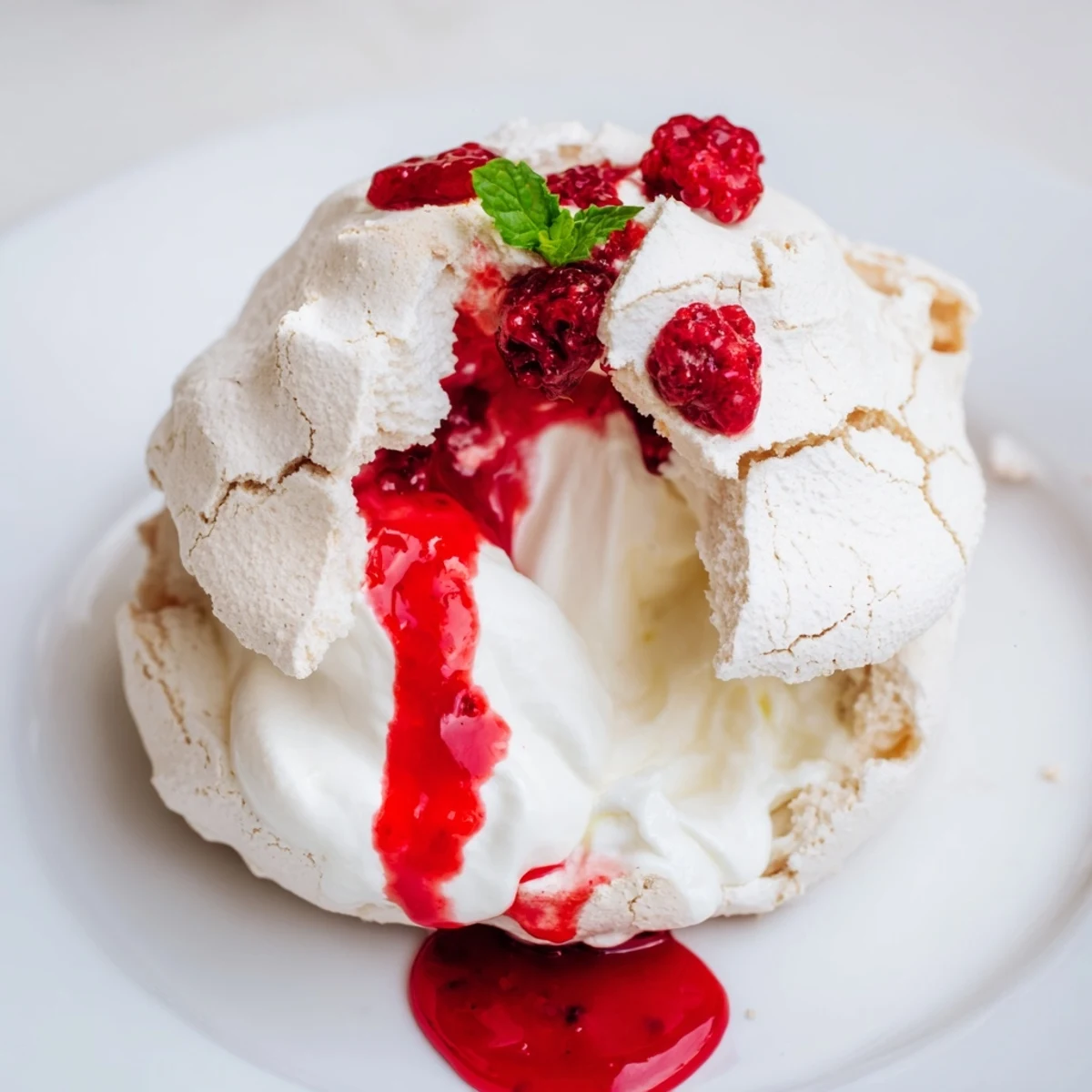 Crisp Pavlova Bombs filled with fluffy whipped cream and drizzled with bright red raspberry coulis.