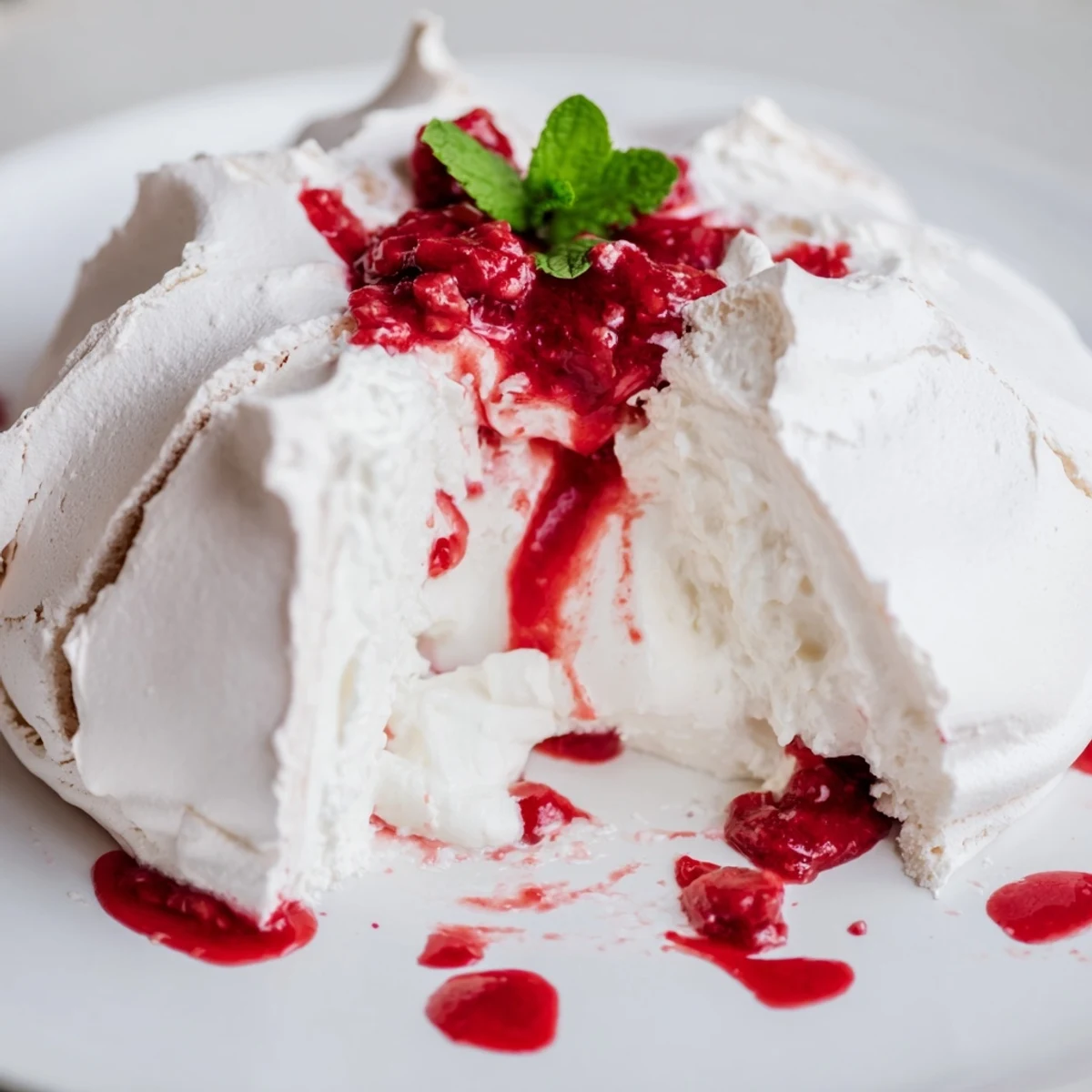 Golden meringue Pavlova Bombs topped with pillowy cream and glossy, tangy raspberry sauce.