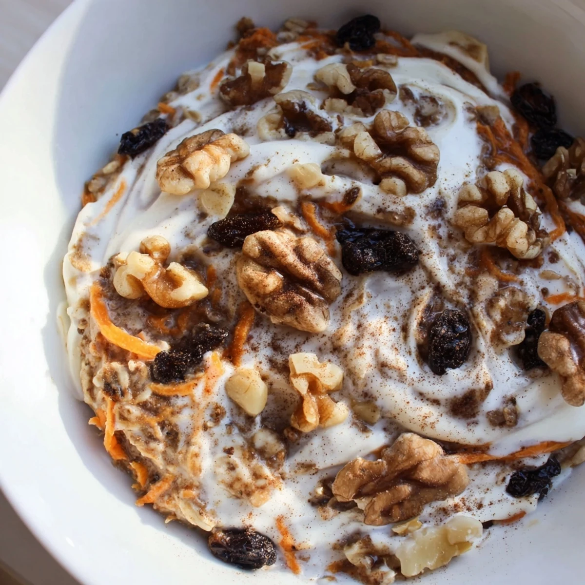 Creamy carrot cake overnight oats topped with chopped walnuts in a glass jar
