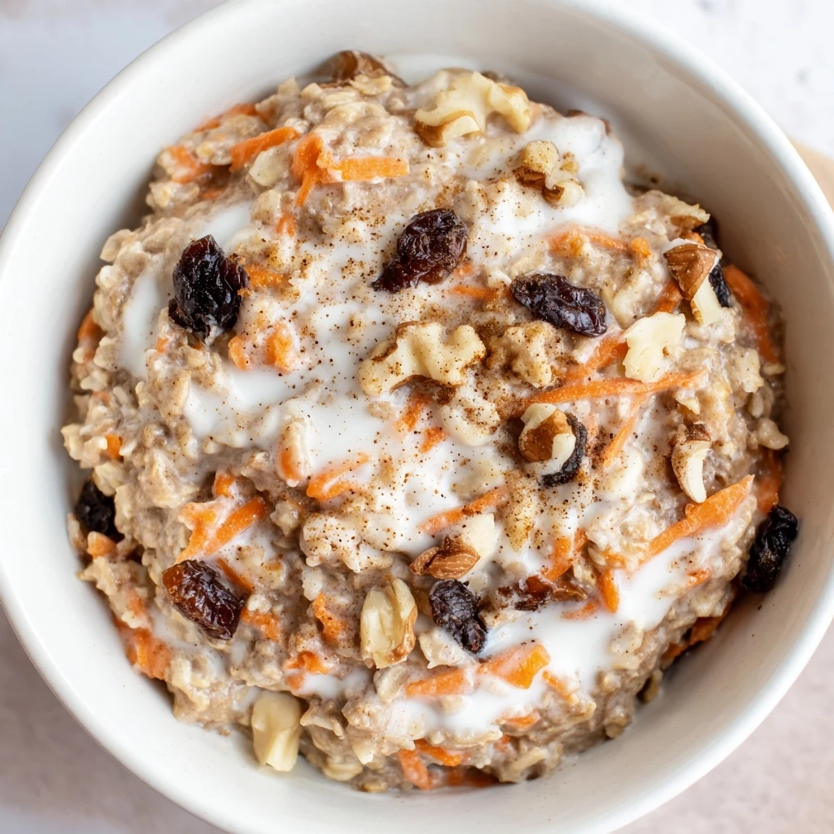 Carrot cake overnight oats with grated carrots, raisins, and a cinnamon sprinkle