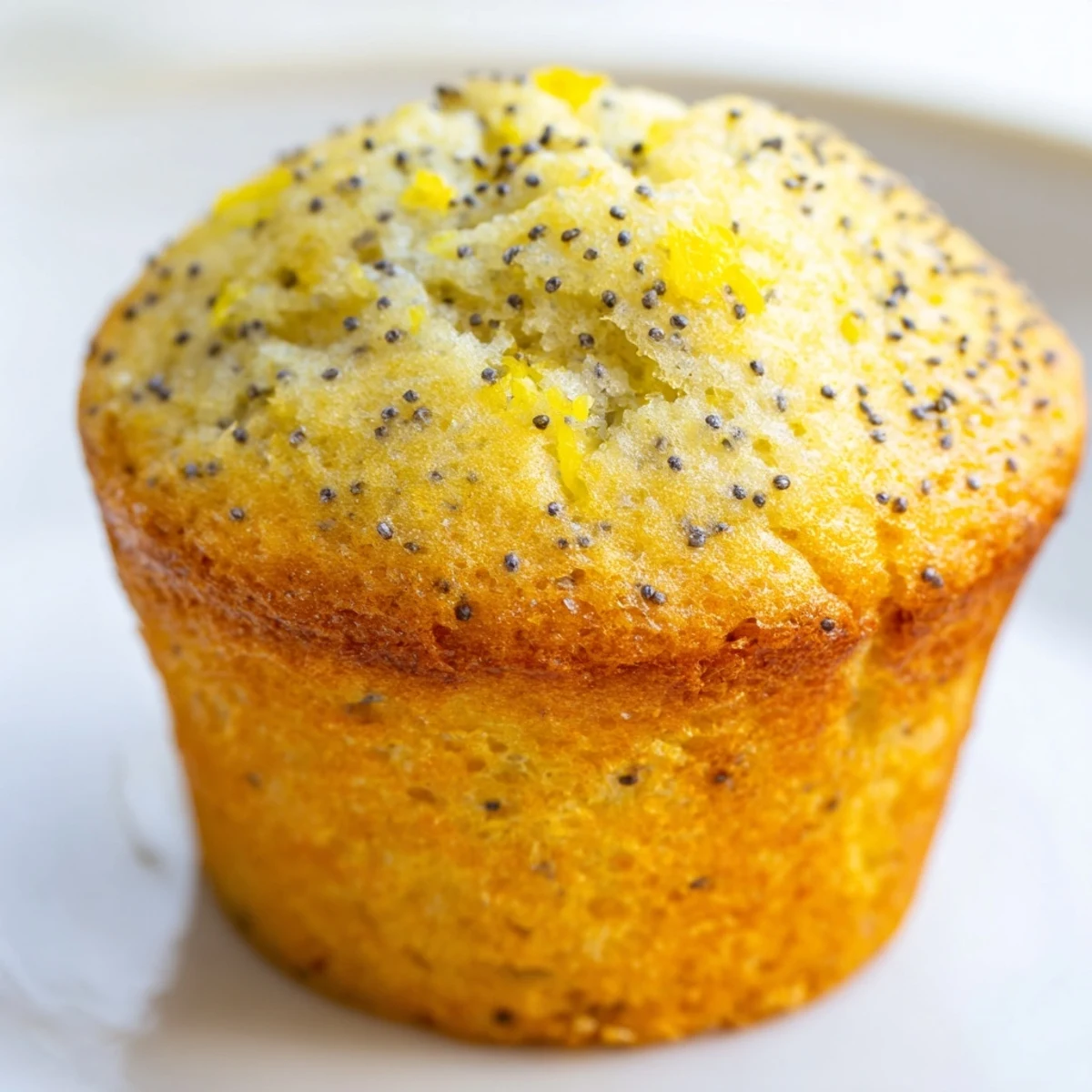 Golden lemon poppy seed muffins with domed tops fresh from the oven on a wire cooling rack.