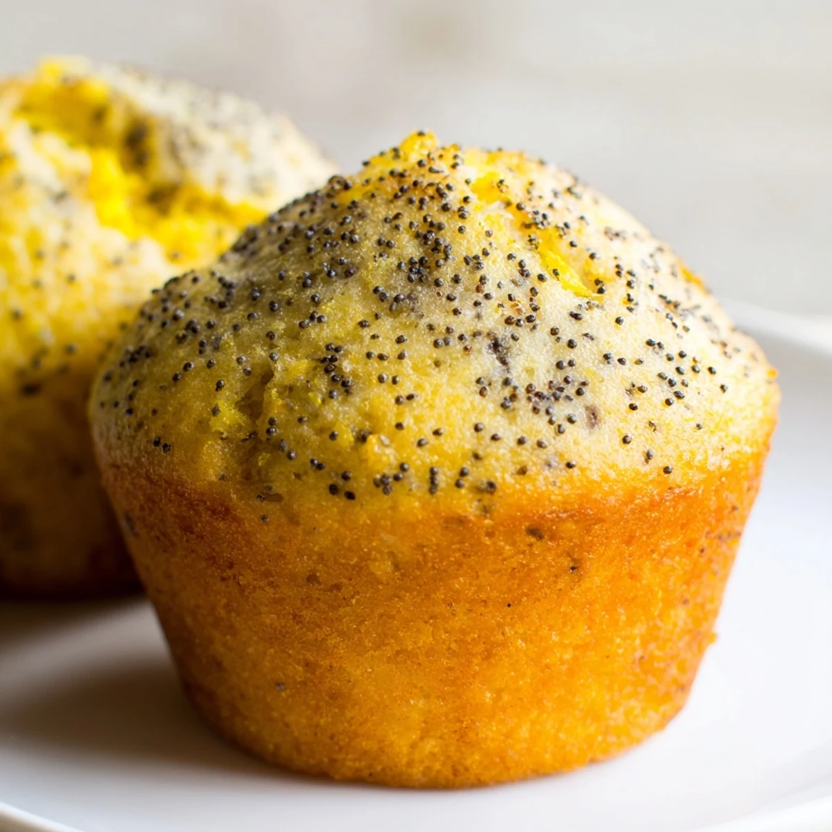 Moist lemon poppy seed muffins studded with speckled seeds beside a bowl of lemon zest.
