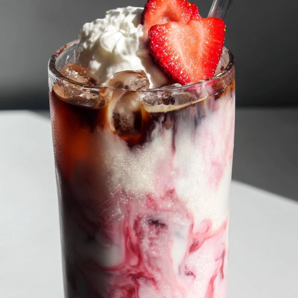 Creamy strawberry latte in a tall glass with swirled pink layers and ice cubes