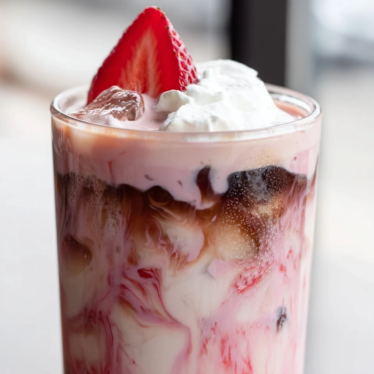 Iced strawberry cream cold latte topped with fluffy whipped cream and fresh berry garnish
