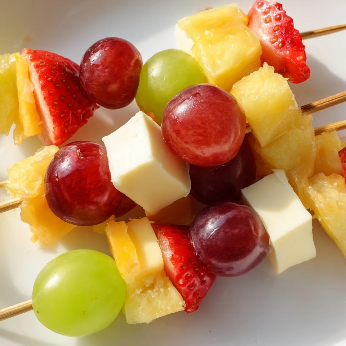 Fruit and cheese kabobs arranged on platter with colorful grapes, strawberries, pineapple, and cheddar cubes