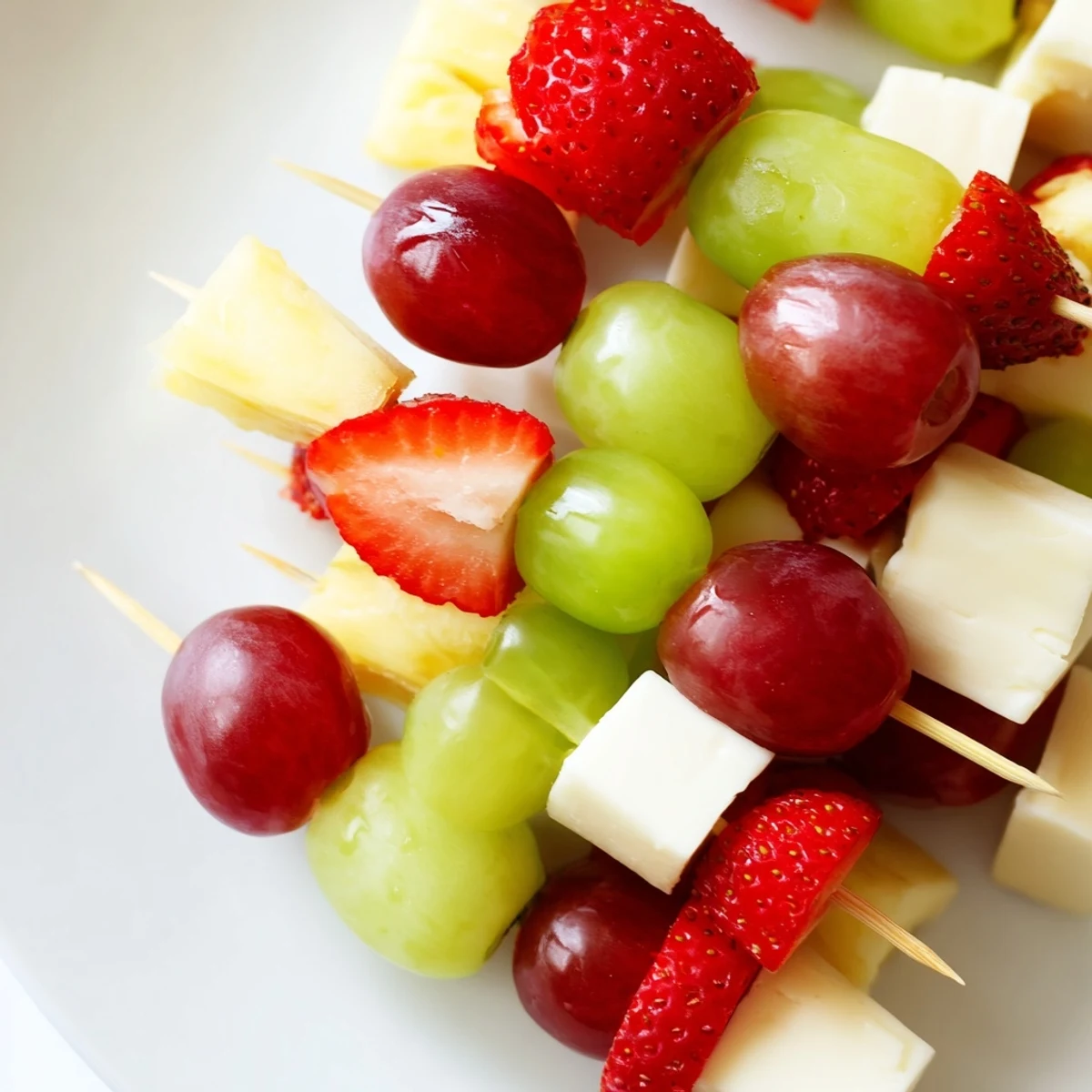 Fresh fruit and cheese kabobs featuring alternating red grapes, pineapple chunks, and creamy Monterey Jack squares