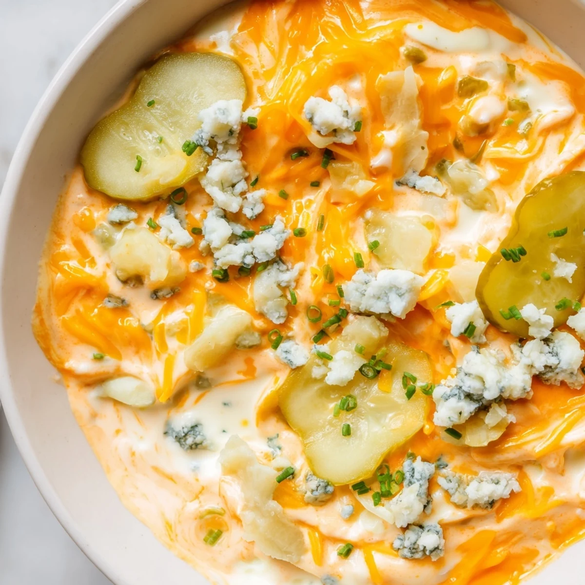Creamy Buffalo Pickle Dip in a serving bowl with tortilla chips and fresh chives
