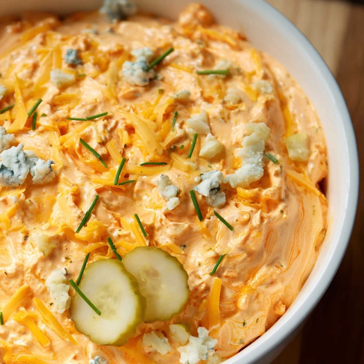 Tangy Buffalo Pickle Dip topped with pickle slices and crumbled blue cheese
