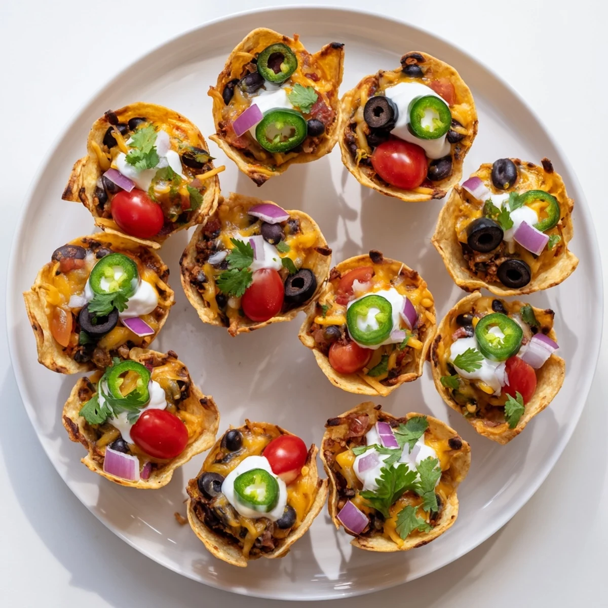 Golden cheesy nacho cups bubbling with melted cheddar and colorful fresh toppings in muffin tin