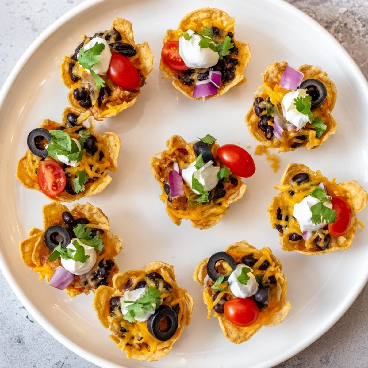 Crispy tortilla cups overflowing with gooey melted cheese beans tomatoes and jalapeño slices arranged on platter
