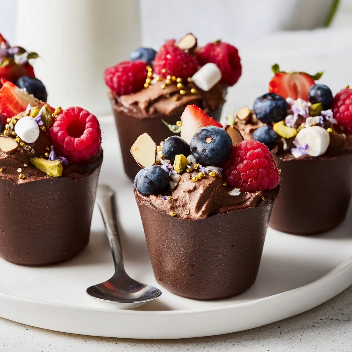 Chocolate grazing cups filled with fluffy mousse and crowned with fresh berries and nuts