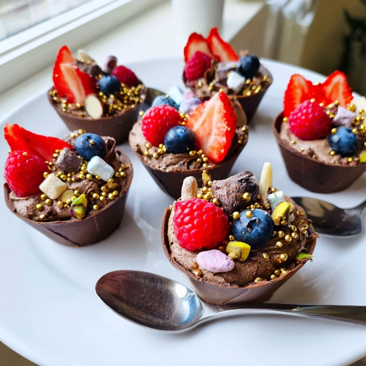 Rich chocolate grazing cups topped with colorful berries, crunchy nuts, and chocolate curls
