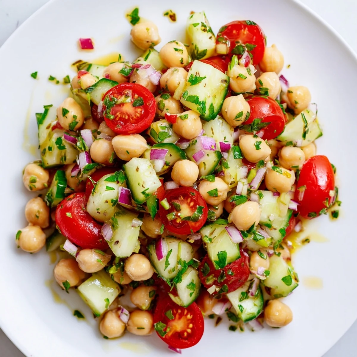 Chickpea cucumber salad featuring ripe tomatoes and crisp vegetables in a white serving bowl