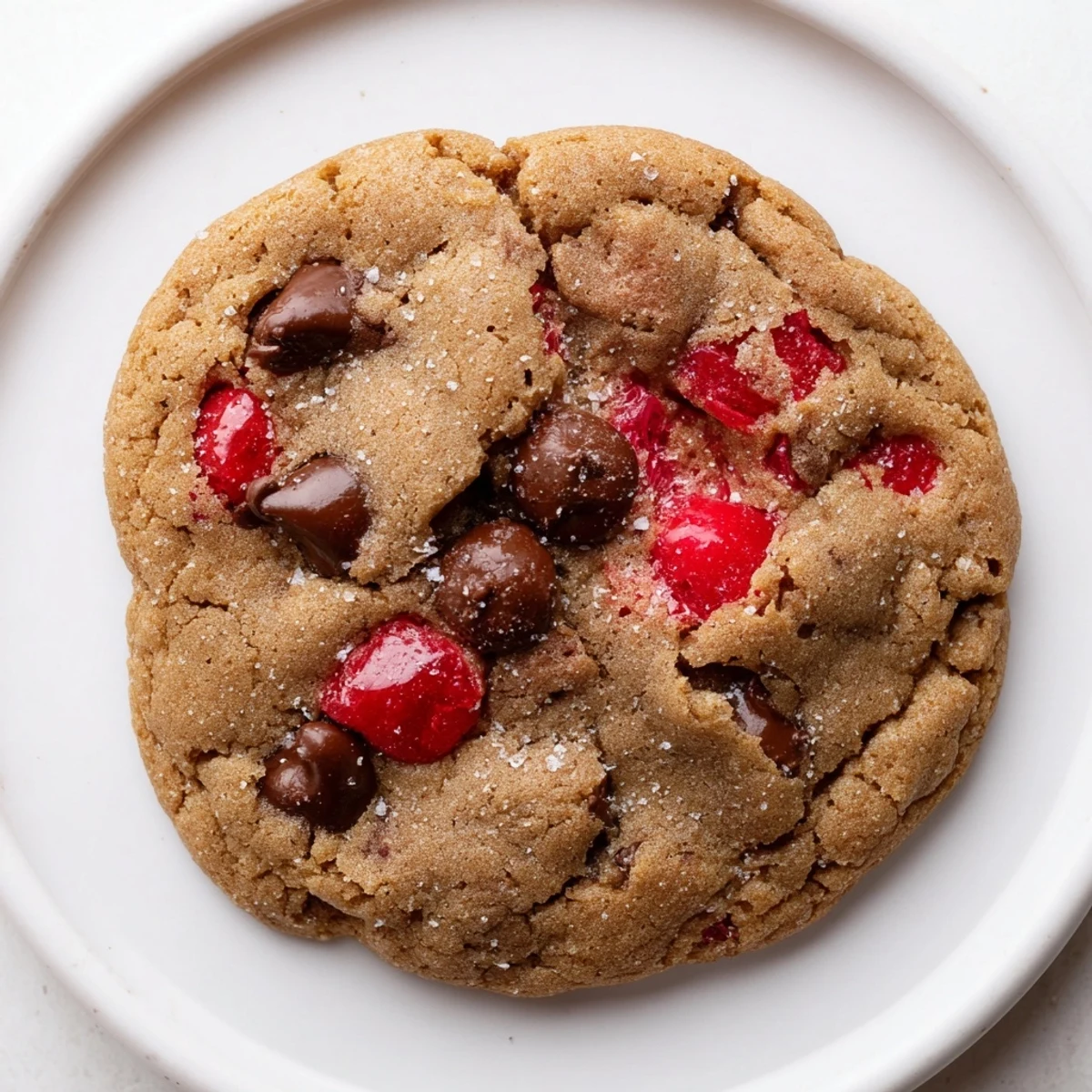 Soft maraschino cherry chocolate chip cookies with golden edges on a rustic wooden board