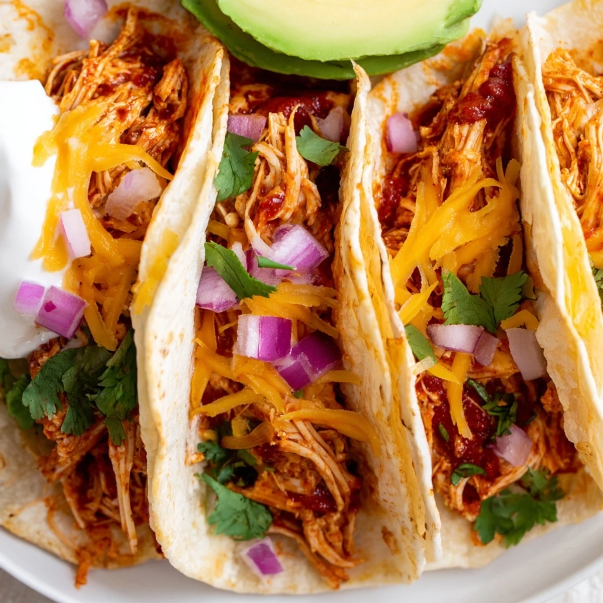 Juicy slow cooker shredded chicken tacos piled high with fresh lettuce and melted cheese
