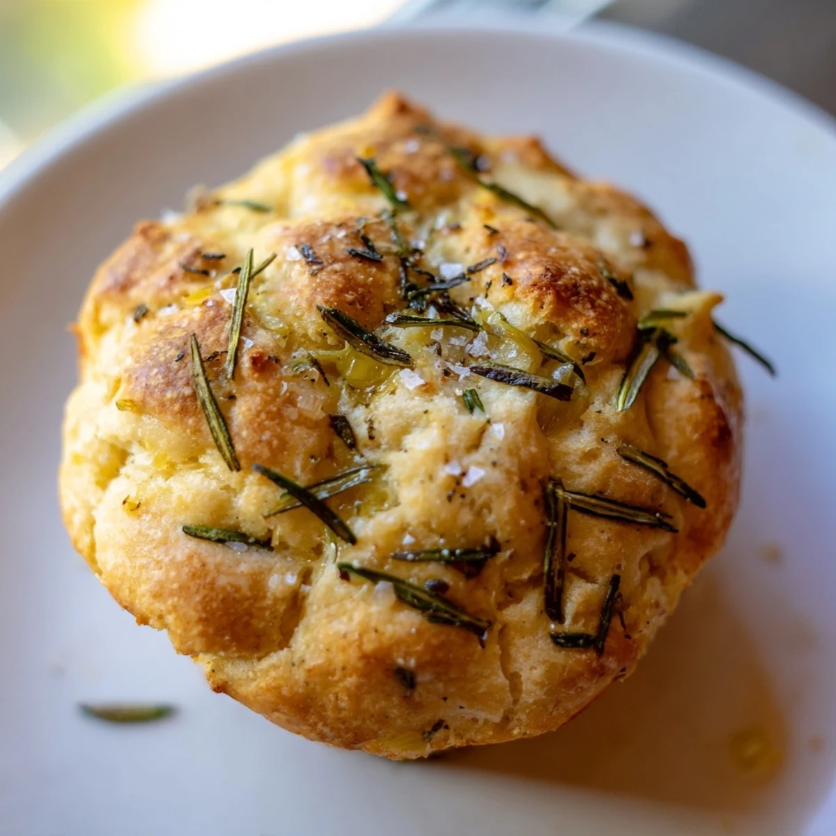 Golden garlic rosemary focaccia muffins with rosemary sprigs and sea salt on rustic wooden board