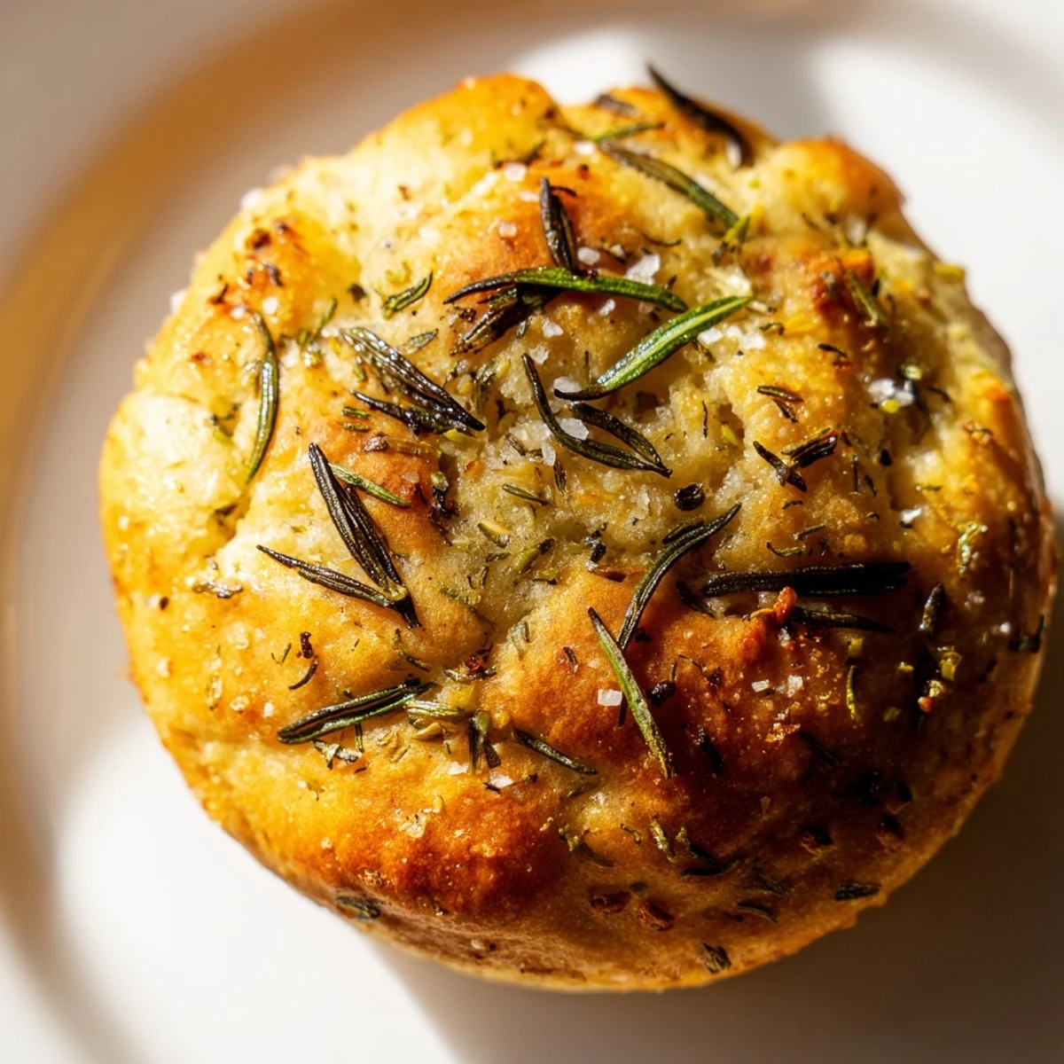 Crispy garlic rosemary focaccia muffins fresh from oven with olive oil drizzle and herbs